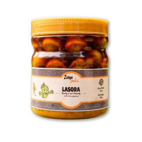 A product image of a glass jar of Zaiqa Khas Lasora pickle with a yellow lid and a branded label.