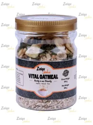 A product shot of a 500g jar of Zaiqa Khas Vital Oatmeal, containing a mix of oats, seeds, and dried fruit, with a branded label and a gold lid.