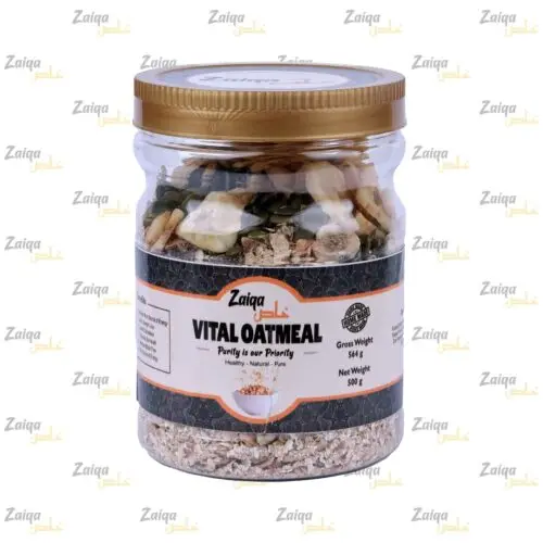 A product shot of a 500g jar of Zaiqa Khas Vital Oatmeal, containing a mix of oats, seeds, and dried fruit, with a branded label and a gold lid.