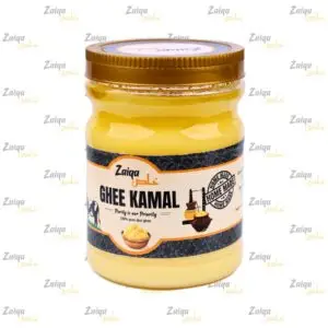 A product shot of a jar of Zaiqa Khas Ghee Kamal, showing the golden-yellow clarified butter and a label with "100% pure desi ghee."
