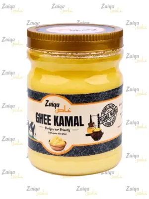 A product shot of a jar of Zaiqa Khas Ghee Kamal, showing the golden-yellow clarified butter and a label with "100% pure desi ghee."