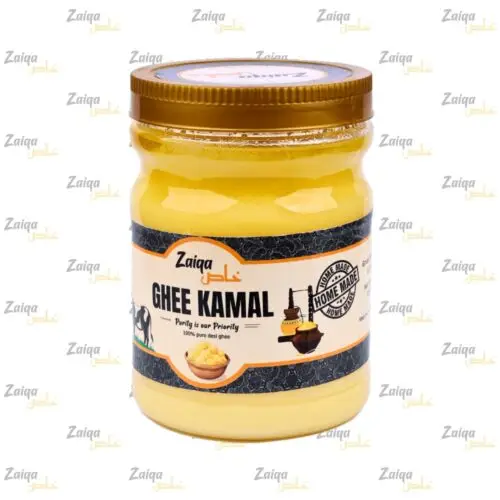 A product shot of a jar of Zaiqa Khas Ghee Kamal, showing the golden-yellow clarified butter and a label with "100% pure desi ghee."