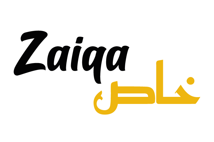 The Zaiqa Khas brand logo in white, featuring the word "Zaiqa" in a stylized font and the word "خاص" (Khas) in Urdu script.